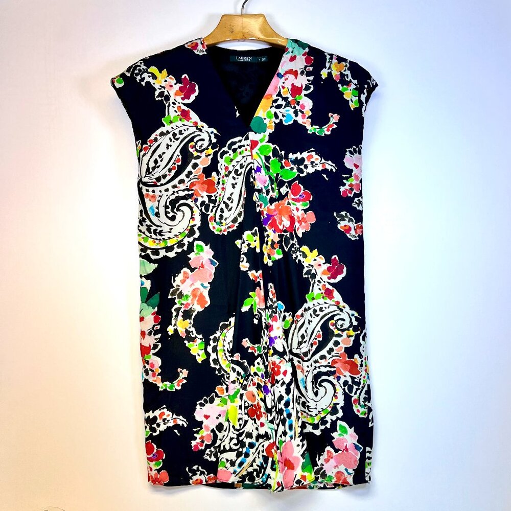 Lauren Ralph Lauren Black Floral Paisley Shift Dress Sz 6 Cap Sleeve V-Neck Boho